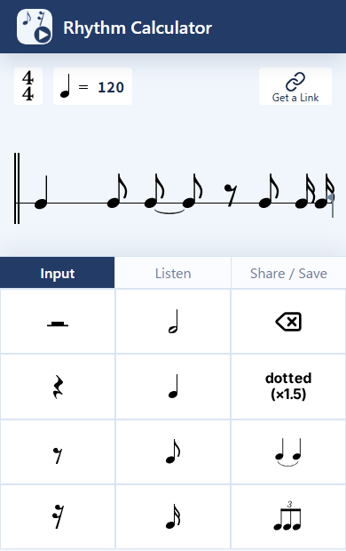 Rhythm Calculator's note input screen for entering and hearing a rhythm.