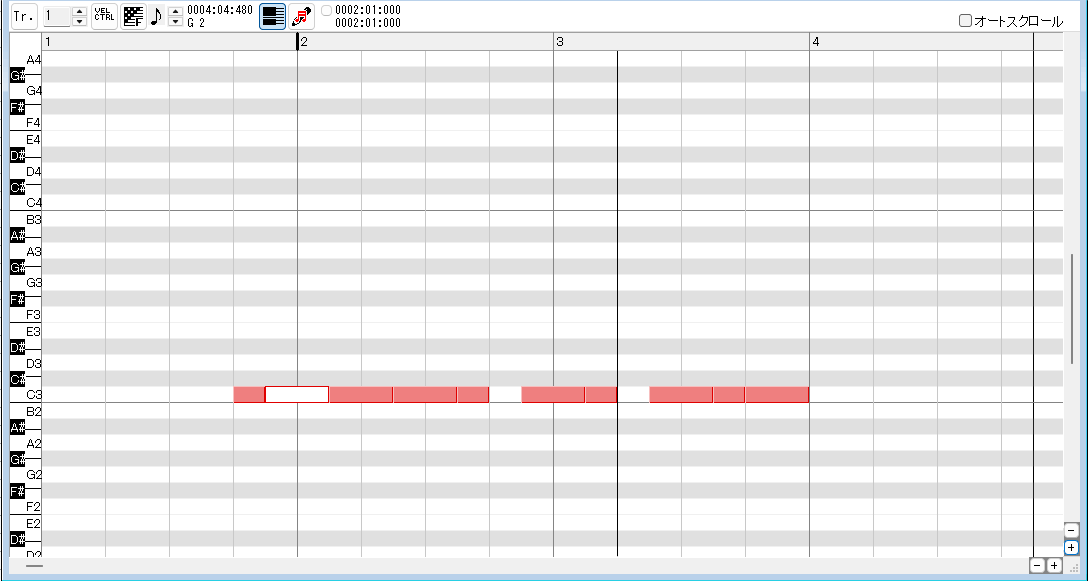 A MIDI editor showing every note placed on the C3 pitch line to check the rhythm.